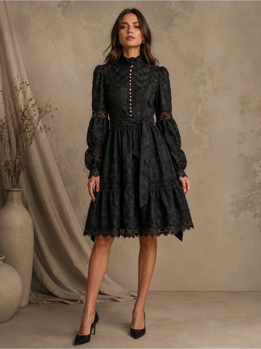 JJ’s Fairyland Black Rosette Lace Victorian Mini Dress Belted size M